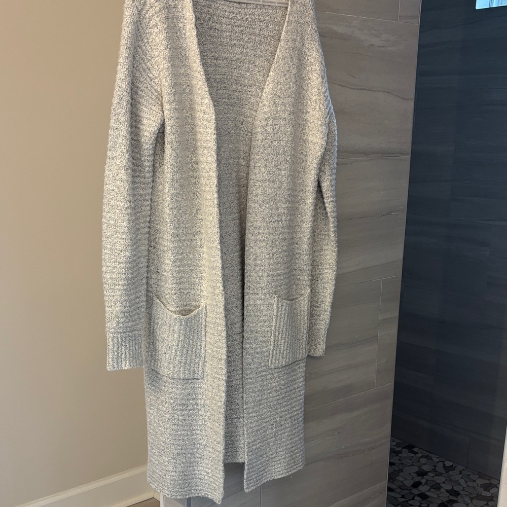 Long Open-Front Knit Cardigan Sweater - Light Gray
